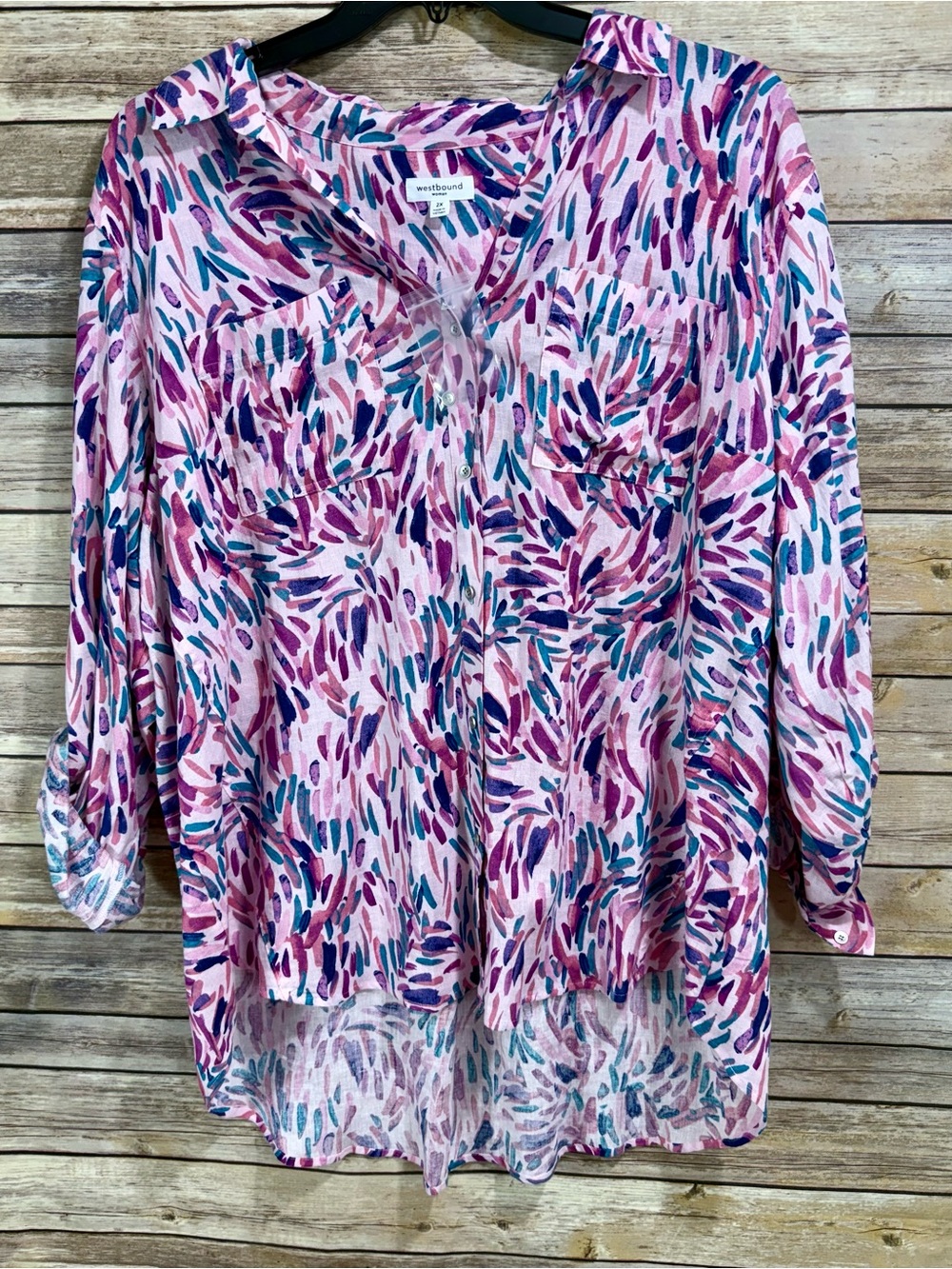 Women’s Westbound Plus Size 2X Button Up Blouse Pink Abstract Print Tunic Top